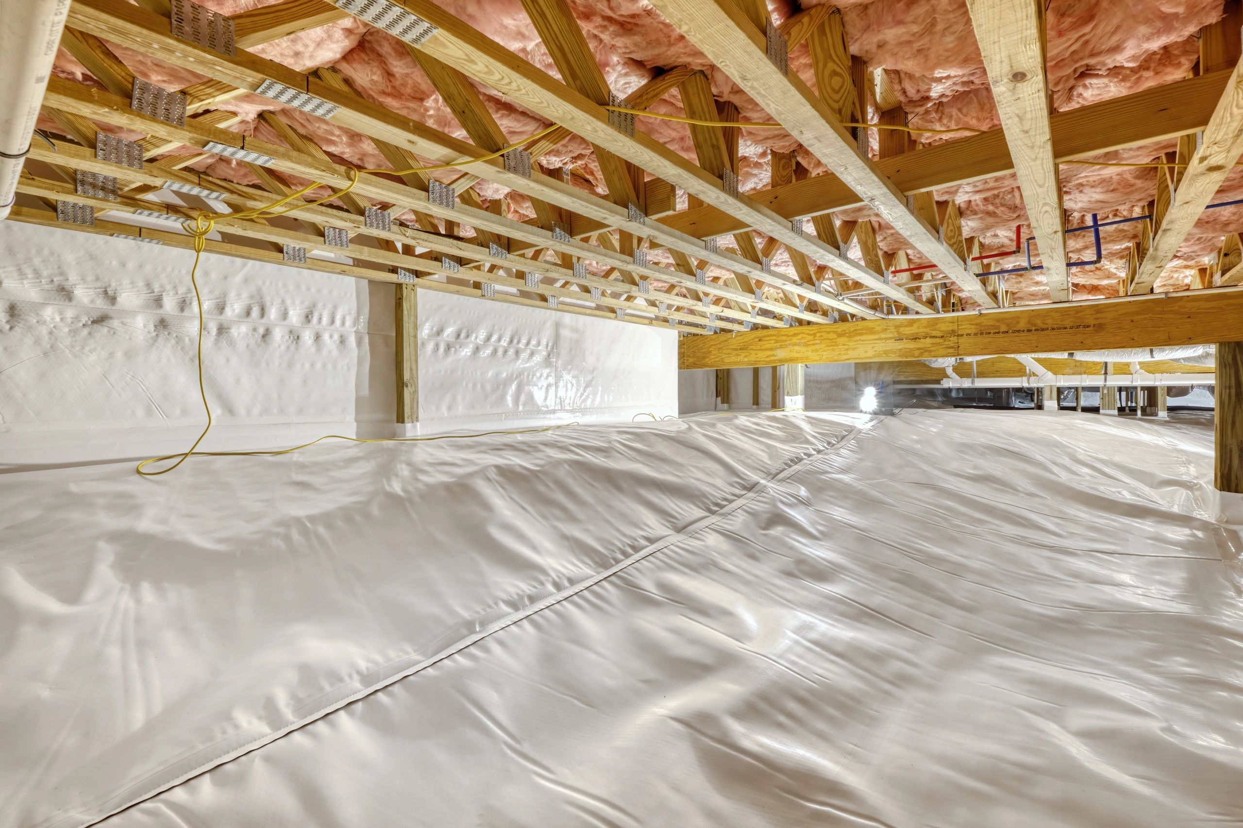 Crawl space interior with vapor barrier