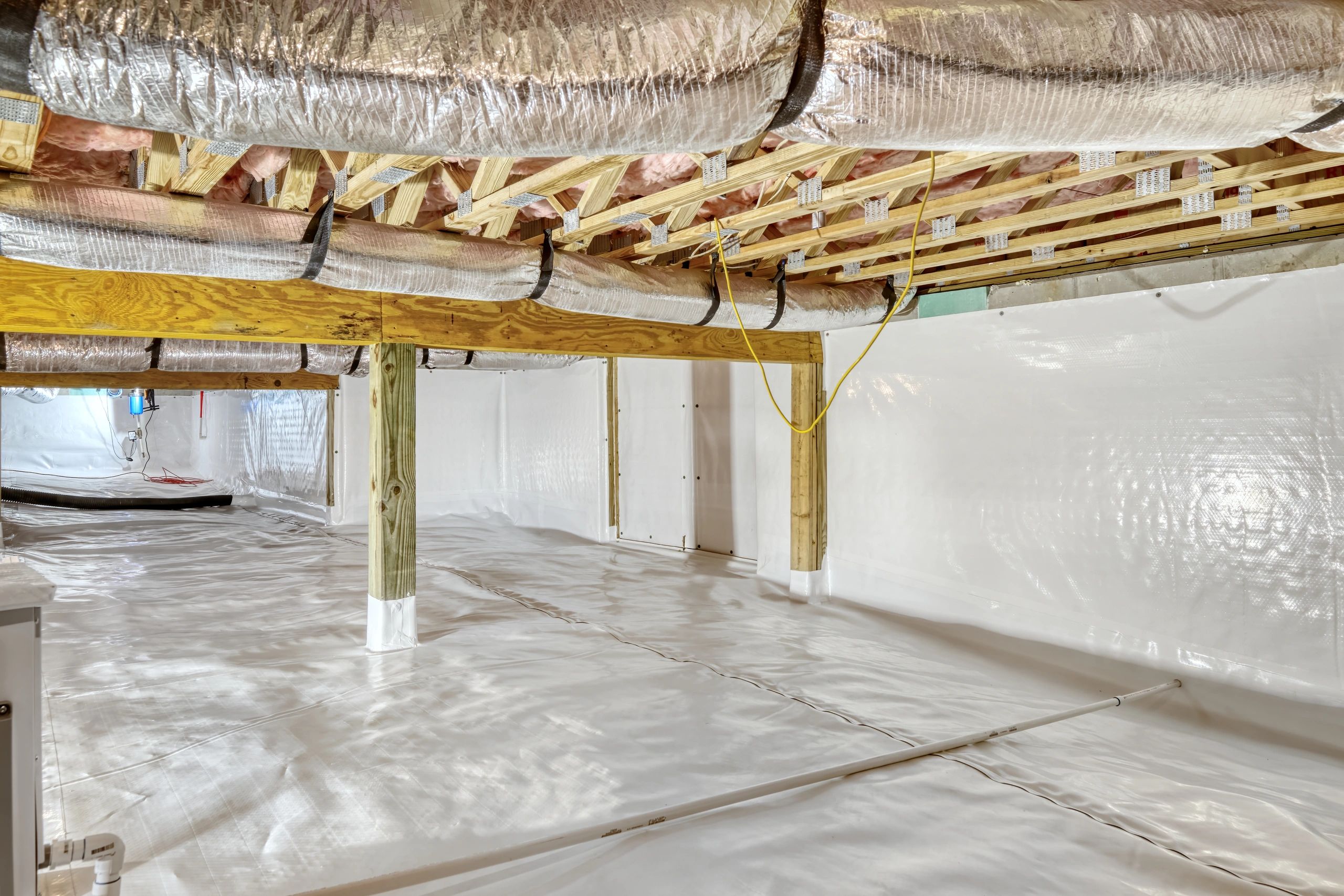 Crawl space encapsulation white plastic sheeting